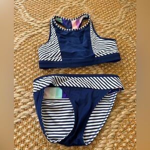 Athleta Girls REVERSIBLE Navy Stripe Girls' Two-Piece Swim Set